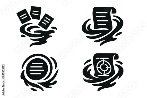 Paper Whirlpools Icons. Solid style icons of paper whirlpools: floating pages, ink waves, spiraling documents, fluid manuscripts,