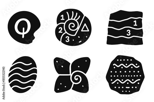 Mathematical Fossil Icons. Solid style icons of mathematical fossils: ratio fossil, sequence shell, geometric imprint, numbered