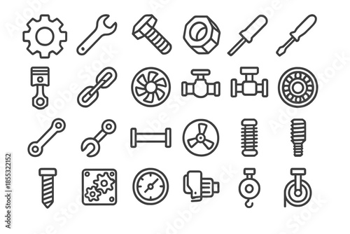 Mechanical Icon Set. Line style icons of mechanical cogs: gear wheel, wrench, bolt, nut, screwdriver, piston, chain, turbine,