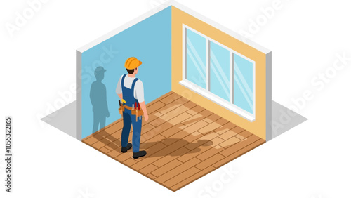 Construction worker in isometric room with tools