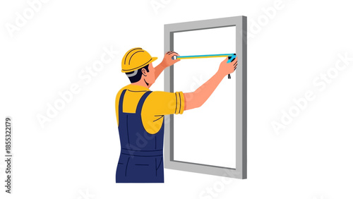Worker measuring window with tape in flat style for construction and