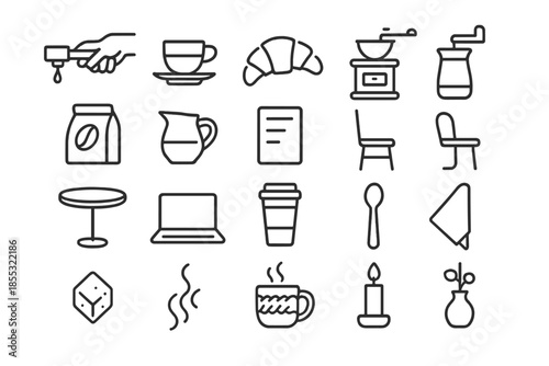 Coffeehouse Icons. Line style icons of coffeehouse lifestyle: barista hand, espresso cup, croissant, grinder, bean bag, milk jug,