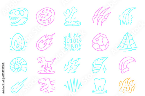 Cyber Prehistoric Icons. Line style icons of cyber prehistory: neon dinosaur skull, circuit fossil, glowing footprint, holographic