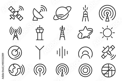 Cosmic Communication Icons. Line style icons of cosmic communication: satellite, dish, wave, planet, orbit, signal line, radio