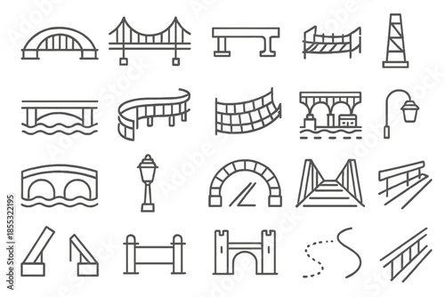 Bridge Icon Collection. Line style icons of bridges and structures: arch bridge, suspension bridge, wooden bridge, steel beam,