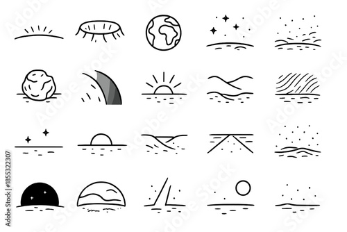 Cosmic Line Icons. Line style icons of cosmic landscapes: horizon glow, crater rim, distant Earth, star sky, surface rock, shadow