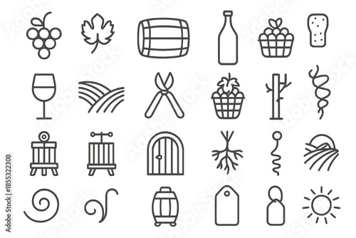 Vineyard Line Icons. Line style icons of wine and vineyards: grape cluster, vine leaf, barrel, wine bottle, cork, glass, vineyard