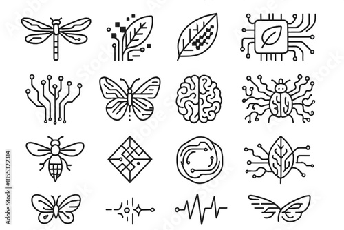 Tech Nature Fusion. Line style icons of technology nature fusion: dragonfly circuit, digital wing, pixel pattern on leaf, biochip