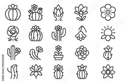 Cactus Blossom Icons. Line style icons of cactus blossoms: blooming cactus, flower crown, thorn bud, desert petal, pollen core,