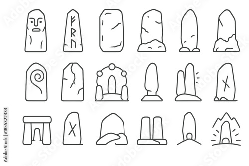Stone Monolith Icons. Line style icons of standing stones: carved monolith, rune pillar, ancient slab, weathered stone, moss