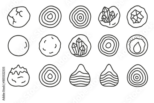 Geode Icons Collection. Line style icons of geodes: cracked stone, hollow crystal, layered shell, mineral center, spherical geode,