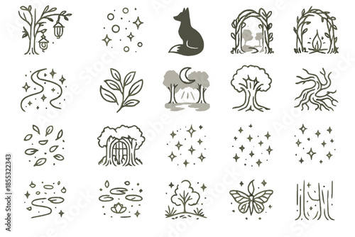 Enchanted Forest Icons. Line style icons of enchanted woods: glowing lanterns in trees, floating light orbs, fox silhouette, vine