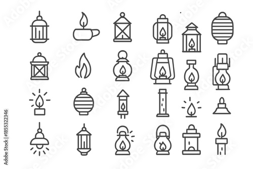 Line-Style Lantern Icons. Line style icons of lanterns: hanging lantern, oil lamp, candle glow, glass cage, paper lantern, metal