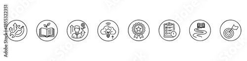 Minimal icons for growth and learning: personal development, planning, achievement, and educational journey.