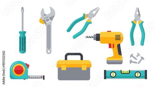 Colorful hand tools set for diy projects and home improvement