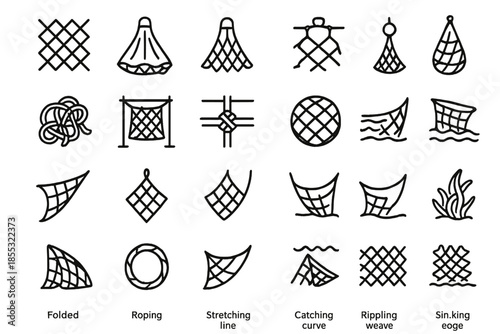 Fishing Net Icons. Line style icons of fishing nets: woven mesh, cast net, net weight, floating corks, tangled rope, drying rack,
