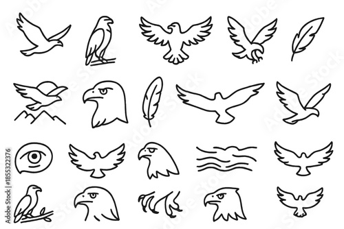 Eagle Icons Collection. Line style icons of eagles: soaring eagle, perched raptor, spread wings, talon grasp, mountain flight,