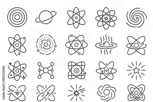 Cosmic Atom Icons. Line style icons of cosmic atoms: glowing nucleus, planetary orbit, cosmic field, atomic star, spiral energy,