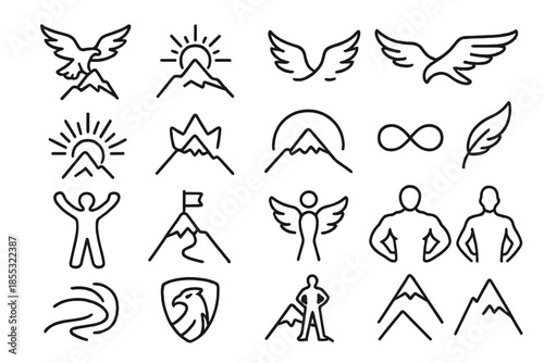 Symbolic Strength Icons. Line style icons of symbolic strength: eagle over mountain, rising sun, wind lines, open wings, summit