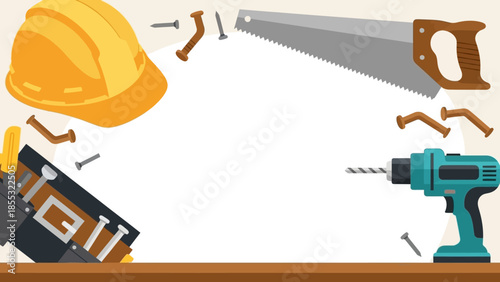 Construction tools frame with drill and safety helmet on white