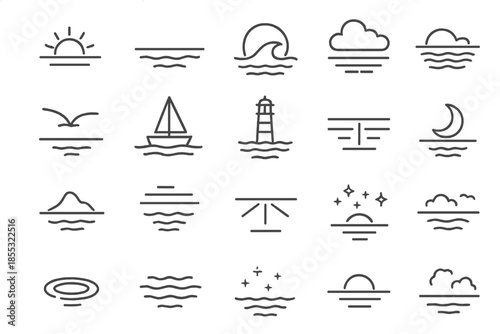 Ocean Horizon Icons. Line style icons of Ocean Horizon: sun arc, sea line, wave reflection, cloud band, gull flight, sail