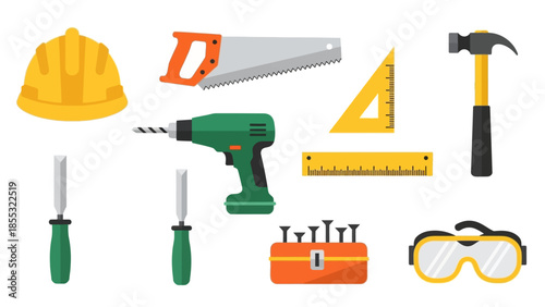 Flat design construction tools set with drill, saw, and hard hat