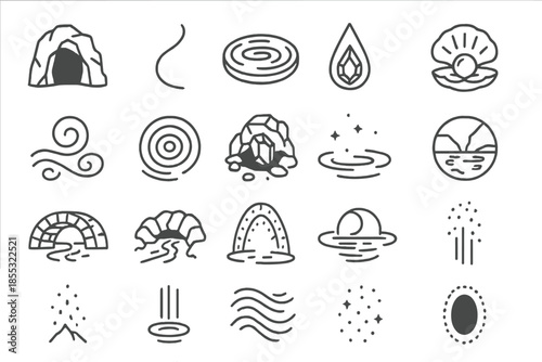 Mystical Depths Icons. Line style icons of Mystical Depths: cave mouth, glowing thread, ancient pool, crystal drop, pearl light,