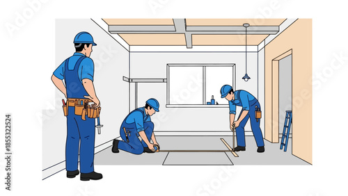 Team of builders measuring and planning in modern house construction