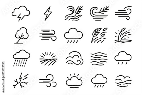 Nature's Line Icons. Line style icons of Nature’s Power: storm cloud, lightning, wheat wave, gust line, tree bend, horizon wind,