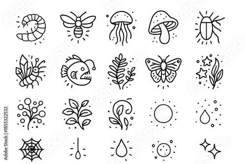 Bioluminescent Icons Collection. Line style icons of Bioluminescent Life: glowworm, firefly, jellyfish, luminous mushroom,