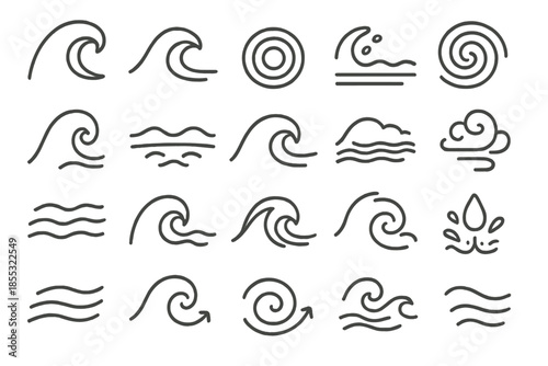 Ocean Motion Icons. Line style icons of Ocean Motion: tidal wave, water crest, ripple, current line, spray arc, whirlpool, foam