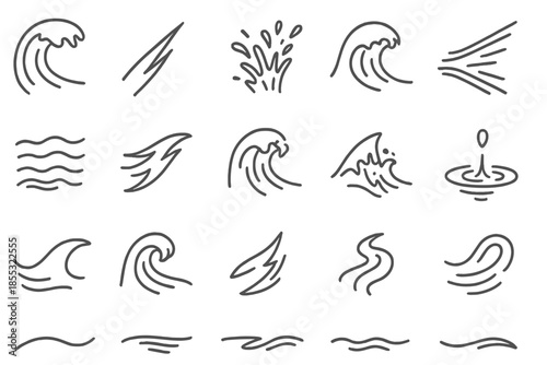 Fluid Motion Icons. Line style icons of Fluid Motion: tidal wave, knife slash, ripple spray, splash curve, mist beam, air drift,