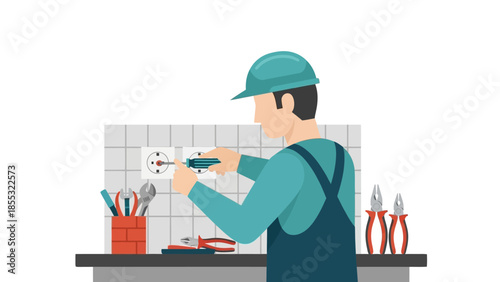 Electrician fixing outlet on wall in flat style