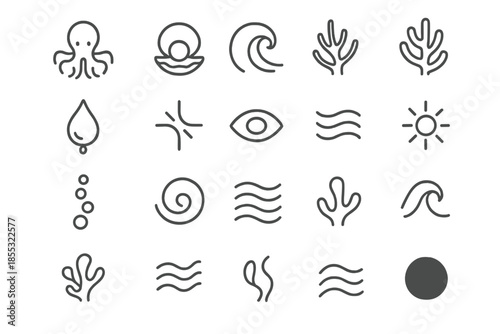 Oceanic Icon Exploration. Line style icons of Ocean Mystique: octopus, pearl, wave arc, coral glow, ink trail, light shimmer,
