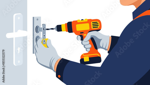 Handyman fixing door lock with electric drill in flat art style