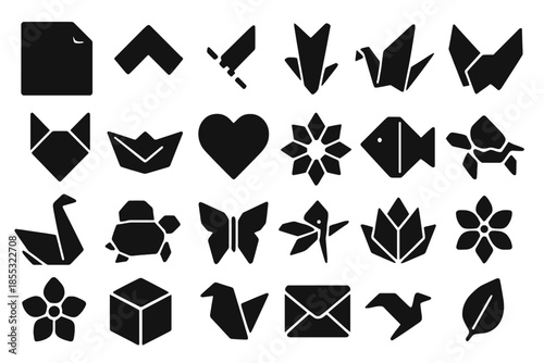 Origami Icons Collection. Solid style icons of Paper Folding Art: origami paper, creased fold, valley fold, mountain fold, paper