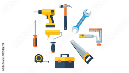 Essential tools collection: hammer, drill, saw, and more in flat