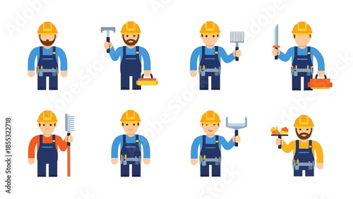 Construction worker cartoon characters with tools in flat design