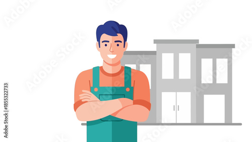 Confident worker in overalls standing proudly in front of modern