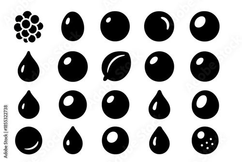Edible Spheres Icons. Solid style icons of Edible Spheres: fruit caviar, olive gel, coffee pearl, yogurt bead, mango bubble, sauce