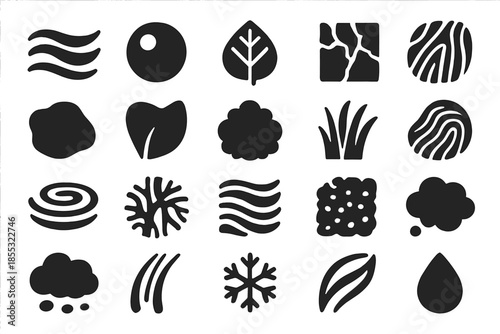 Natural Texture Icons. Solid style icons of Natural Textures: silk line, dew bead, leaf vein, bark crack, stone edge, petal curve,