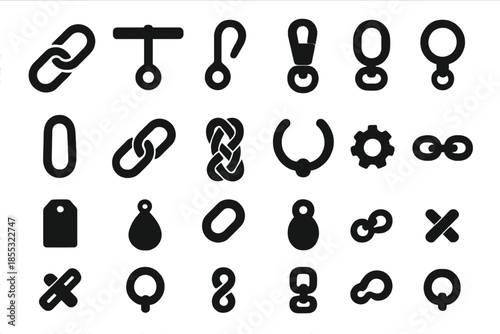 Chain and Accessories Icons. Solid style icons of Chain and Accessories: chain link, T-bar, pocket hook, swivel clasp, clip ring,