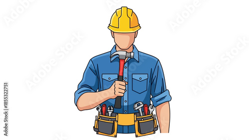 Construction worker with tools: safety gear and toolbelt essentials