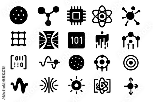 Quantum Computing Icons. Solid style icons of Quantum Computing: data particle, entangled node, quantum chip, atomic ring, energy