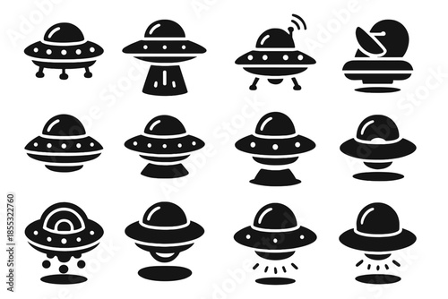 UFO Icon Design. Solid style icons of UFO Design: saucer top, dome cockpit, landing gear, glowing rim, circular lights, beam