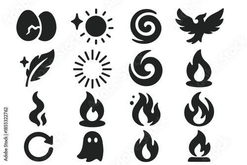 Icons of Renewal. Solid style icons of Transformation and Renewal: cracked egg, glowing core, ash swirl, fire spark, reborn