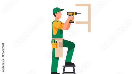 Handyman installing shelf with drill: professional home improvement in