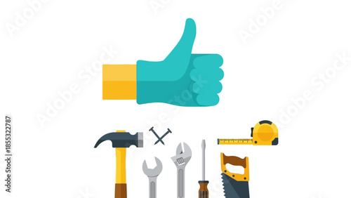 Thumbs up with construction tools: hammer, wrench, saw, tape measure