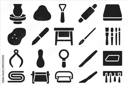 Pottery Workshop Icons. Solid style icons of Pottery Workshop: wheel pottery, clay mound, shaping tool, rolling pin, wet sponge,