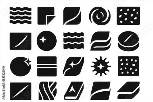 Steel Pattern Icons. Solid style icons of Steel Pattern Detail: wavy grain, folded layer, reflective line, texture swirl, hammered